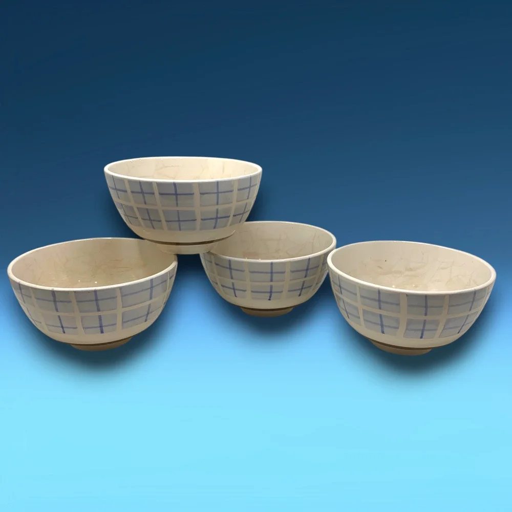 Vintage Lot 4 x Pier 1 Checkerboard Stoneware Soup Cereal Bowls Blue White